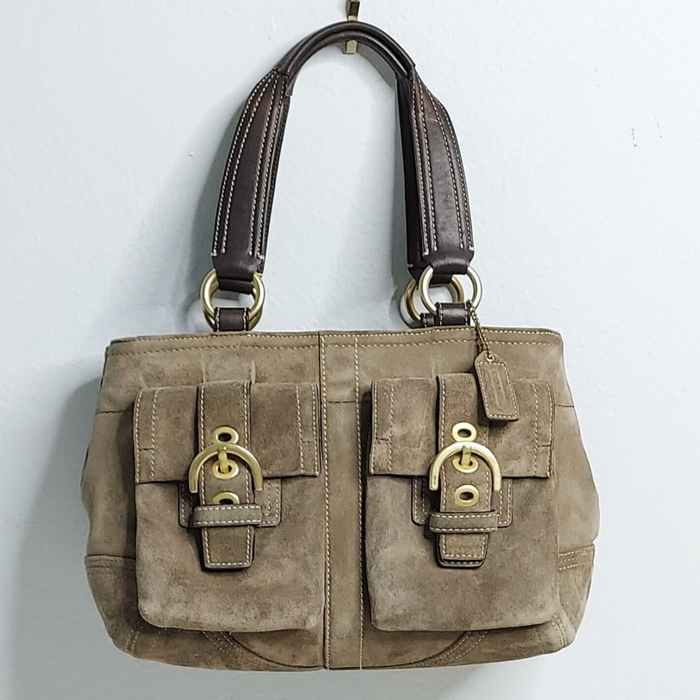 Coach Bag 8A22 Soho Satchel Taupe Suede Leather Double Buckle Pockets Brass